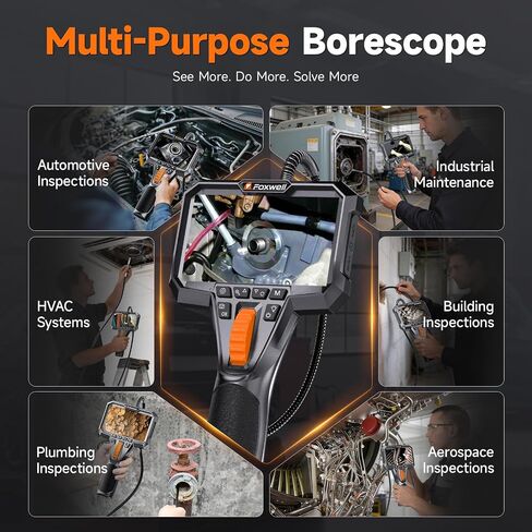FOXWELL Dual Lens Two-Way Articulating Borescope, 1080P Endoscope Camera with Light, IPS HD Screen, IP67 Waterproof, 5.3FT Flexible Semi-Rigid Snake Scope for Automotive Engine Pipe Home Inspection in Kuwait