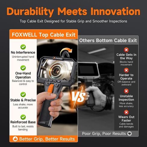 FOXWELL Dual Lens Two-Way Articulating Borescope, 1080P Endoscope Camera with Light, IPS HD Screen, IP67 Waterproof, 5.3FT Flexible Semi-Rigid Snake Scope for Automotive Engine Pipe Home Inspection in Kuwait