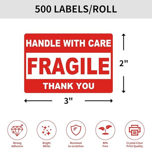 Fragile Stickers for Shipping, 2 x 3 Inch Red Handle with Care Labels, 1Roll/ 500 Labels Waterproof Packing Stickers for Moving Boxes, Luggage, and Parcels in Kuwait