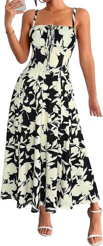 YATHON Women's Summer Midi Corset Boho Dresses Casual Floral Spaghetti Straps Lace Up Dress Flowy Aline Beach Sundress in Saudi Arabia