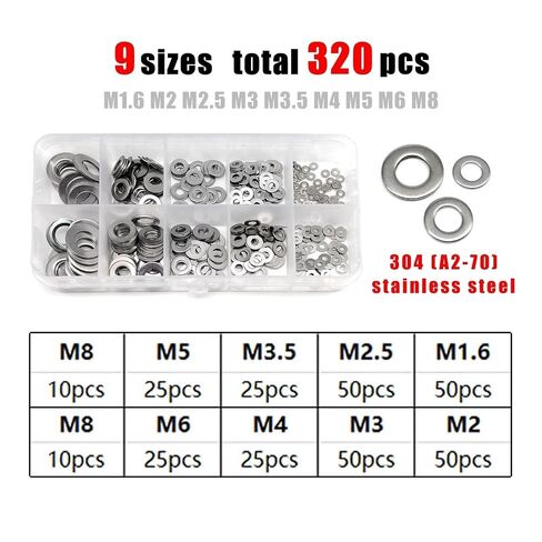 1 Set Flat Washer Plain Gasket GB97 Mix M1.6 M2 .5 M3 M4 M5 M6 M8 M10 M12M16 Assortment Kit Black 304 A2 Stainless Steel Brass(320pcs SS304) in Kuwait
