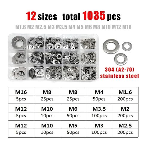 1 Set Flat Washer Plain Gasket GB97 Mix M1.6 M2 .5 M3 M4 M5 M6 M8 M10 M12M16 Assortment Kit Black 304 A2 Stainless Steel Brass(1035pcs SS304) in Kuwait