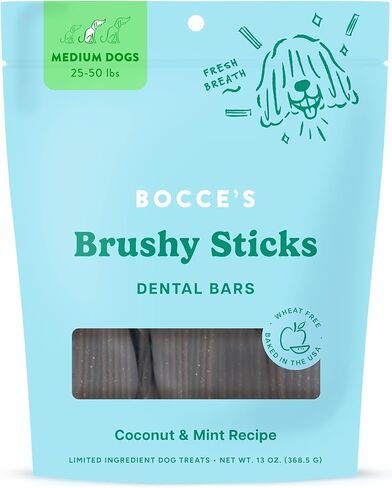 أعواد الفرشاة اليومية للمخبوزات من Bocce لدعم صحة الفم والنفس المنعش، ألواح أسنان خالية من القمح للكلاب، مصنوعة من مكونات حقيقية، مخبوزة في الولايات المتحدة الأمريكية، جوز الهند والنعناع الطبيعي بالكامل، للكلاب المتوسطة in Kuwait
