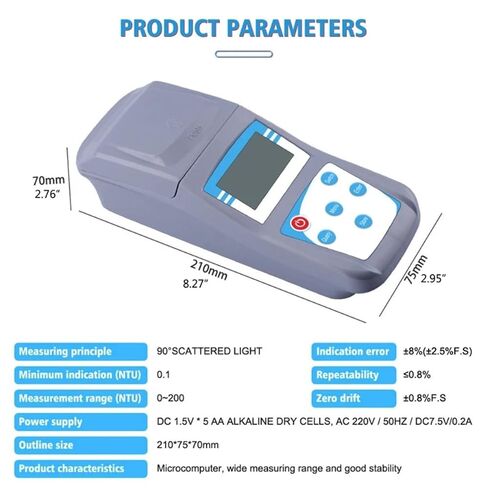 Water Turbidity Analyzer, Digital Water Turbidity Meter Portable Handheld Turbidimeter 0~200 NTU 90° Scattered Light Accuracy 0.1 with Backlight in Kuwait