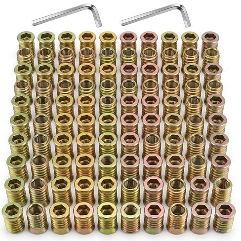 100 Pcs Screw Inserts 3/8-16 x 1 Inch, Carbon Steel Threaded Inserts for Wood Furniture, Hardware Nuts Assortment Kit with 2 Hex Wrenches, Zinc Plated Wood Nut Insert for Soft & Hard Projects in Kuwait