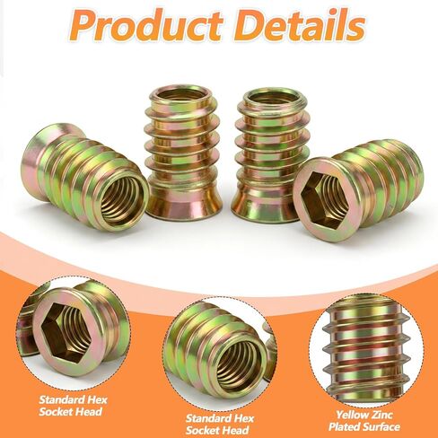 100 Pcs Screw Inserts 3/8-16 x 1 Inch, Carbon Steel Threaded Inserts for Wood Furniture, Hardware Nuts Assortment Kit with 2 Hex Wrenches, Zinc Plated Wood Nut Insert for Soft & Hard Projects in Kuwait