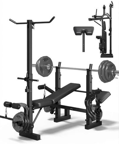 Multifunctional Weight Bench Set with Leg Extension, Leg Curl & Preacher Curl, 7-in-1 Adjustable Workout Bench with Squat Rack, 900LBS Capacity Foldable Strength Training Bench for Home Gym in Kuwait