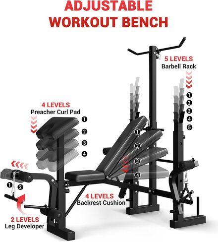 Multifunctional Weight Bench Set with Leg Extension, Leg Curl & Preacher Curl, 7-in-1 Adjustable Workout Bench with Squat Rack, 900LBS Capacity Foldable Strength Training Bench for Home Gym in Kuwait