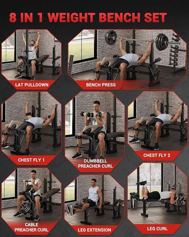 Multifunctional Weight Bench Set with Leg Extension, Leg Curl & Preacher Curl, 7-in-1 Adjustable Workout Bench with Squat Rack, 900LBS Capacity Foldable Strength Training Bench for Home Gym in Kuwait