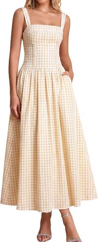 XinFSh Women's Summer Corset Midi Dress Flowy Square Neck Sleeveless Lace Wedding Guest Dresses with Pockets in Saudi Arabia