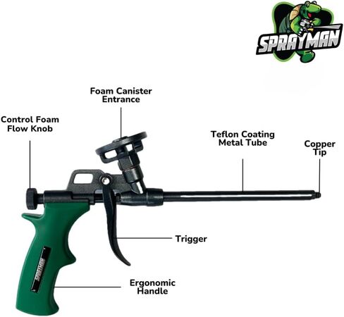 Sprayman Foam Dispensing Gun - (1 Pack) Precision Spray Foam for Insulation & Sealing, Teflon Coated Expanding Foam Gun for Contractors & DIY Projects, Dual Extension Tips Included in Kuwait