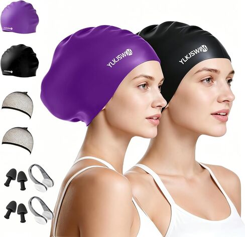 Large Swim Cap for Long Hair Women Men, 2 Pack Waterproof Silicone Pool Swimming Cap for Adult with Braids, Dreadlocks, Long Thick Curly, Weaves Afro Hair Extensions Keep Hair Dry in Kuwait