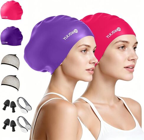 Large Swim Cap for Long Hair Women Men, 2 Pack Waterproof Silicone Pool Swimming Cap for Adult with Braids, Dreadlocks, Long Thick Curly, Weaves Afro Hair Extensions Keep Hair Dry in Saudi Arabia
