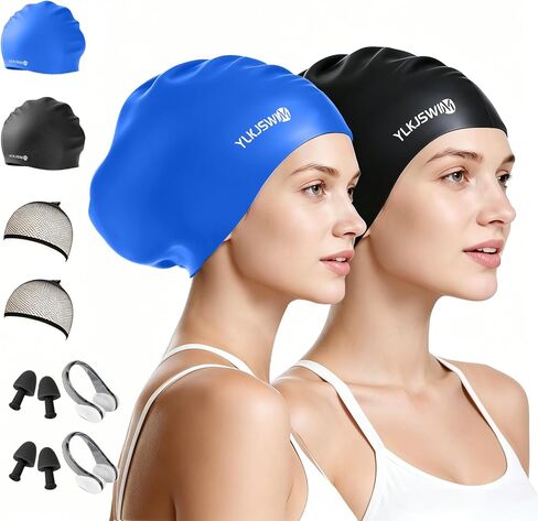 Large Swim Cap for Long Hair Women Men, 2 Pack Waterproof Silicone Pool Swimming Cap for Adult with Braids, Dreadlocks, Long Thick Curly, Weaves Afro Hair Extensions Keep Hair Dry in Saudi Arabia