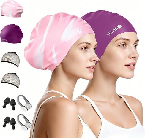 Large Swim Cap for Long Hair Women Men, 2 Pack Waterproof Silicone Pool Swimming Cap for Adult with Braids, Dreadlocks, Long Thick Curly, Weaves Afro Hair Extensions Keep Hair Dry in Saudi Arabia