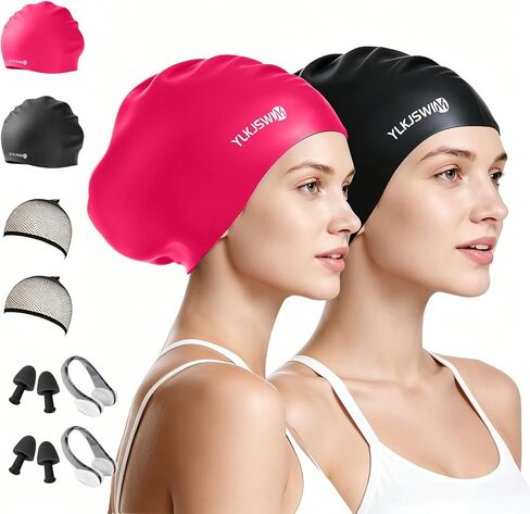 Large Swim Cap for Long Hair Women Men, 2 Pack Waterproof Silicone Pool Swimming Cap for Adult with Braids, Dreadlocks, Long Thick Curly, Weaves Afro Hair Extensions Keep Hair Dry in Saudi Arabia