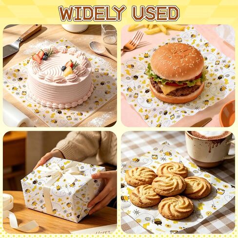 SULOLI 100 Pcs Wax Paper Sheets for Food, Bee Day Paper Wrap Deli Paper Wrap Waterproof Oilproof with Bee Pattern for Kicthen Baking Sandwich Cookies Cooking Frying in Kuwait