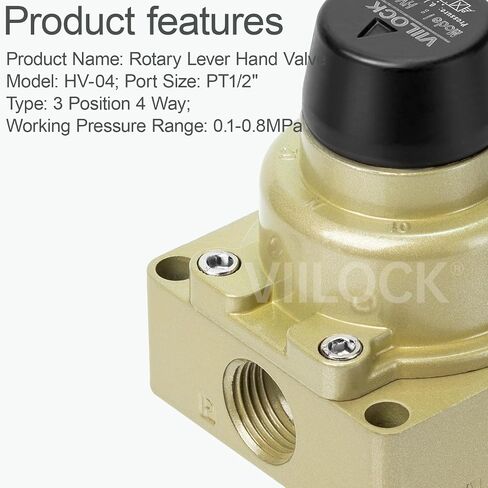 Rotary Lever Hand Valve HV-04, 3 Position 4 Way 1/2" NPT Pneumatic Manual Control Air Flow Valve (1/2" NPT) in Kuwait