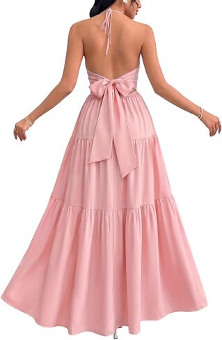 Glnege Summer Maxi Beach Dress Boho Halter v Deck Backless Bow Dresses Flowy Strendy Croffle Sundress for Women 2025 in Kuwait