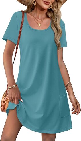 OFEEFAN Summer Dresses for Women 2025 Loose U Neck Short Sleeve Casual Beach Vacation Tshirt Dress Sundresses wih Pockets in Saudi Arabia