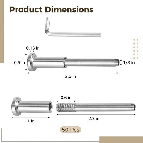50 PCS Invisible Cable Railing Kit for 1/8 in Wire Rope, Stainless Steel Swage Stud End with Invisible Receiver, Includes L-Shaped Hex Wrench, for 2 x 2 in Wood or Metal Posts in Kuwait