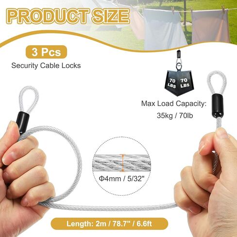 PATIKIL Security Cable Lock (5/32" Dia 3.3ft 70lb Load Capacity, Black)(6 Pcs) Vinyl Coated Stainless Steel Flexible Wire Rope Safety Cable Luggage Lock with Double Loops in Kuwait