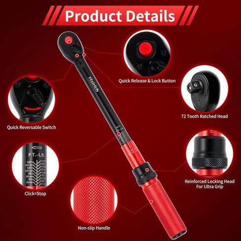 Hairich Torque Wrench, 1/2 Inch Drive Click Torque Wrench, Dual-direction Torque Wrenches 10-170.0ft.lb/13.60-230.5Nm, 72-tooth with Dual Range Scales, ±3% High Precision For Car in Kuwait