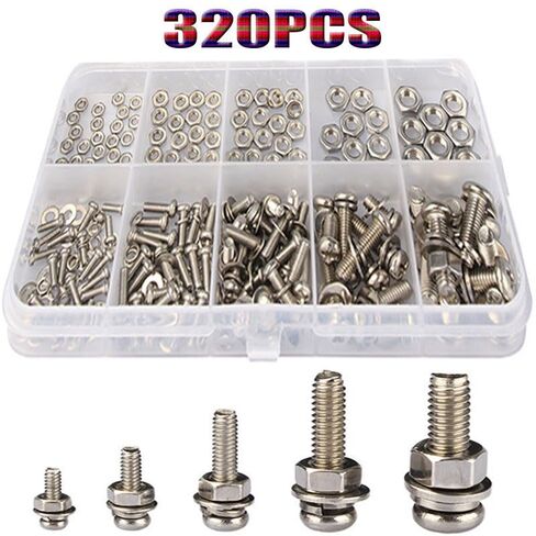 320 Pcs Cross Round Head Machine Screw Nut and Washer Assortment Kit, M2 M2.5 M3 M4 M5 Assorted Nuts and Bolts Set, with Plastic Storage Case in Kuwait
