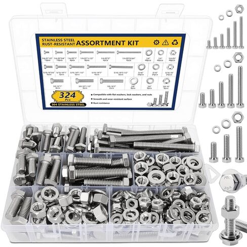 324PCS Hex Nuts and Bolts Assortment kit, 1/4-20, 5/16-18, 3/8-16 SAE 304 Stainless Steel Assorted Bolts Nuts and Washers Set, Fully Threaded Machine Screw Sets with Case in Kuwait