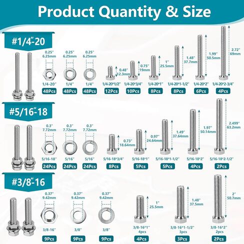 324PCS Hex Nuts and Bolts Assortment kit, 1/4-20, 5/16-18, 3/8-16 SAE 304 Stainless Steel Assorted Bolts Nuts and Washers Set, Fully Threaded Machine Screw Sets with Case in Kuwait