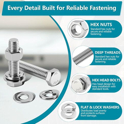 324PCS Hex Nuts and Bolts Assortment kit, 1/4-20, 5/16-18, 3/8-16 SAE 304 Stainless Steel Assorted Bolts Nuts and Washers Set, Fully Threaded Machine Screw Sets with Case in Kuwait