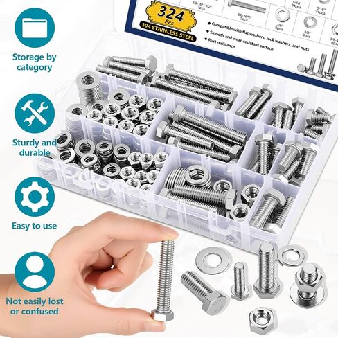 324PCS Hex Nuts and Bolts Assortment kit, 1/4-20, 5/16-18, 3/8-16 SAE 304 Stainless Steel Assorted Bolts Nuts and Washers Set, Fully Threaded Machine Screw Sets with Case in Kuwait