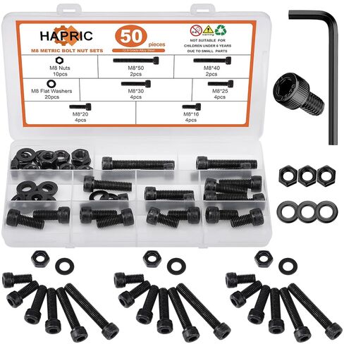 50 Pcs M8 Bolts Kit M8x 16/20/25/30/40/50 mm M8 Screw Kits | 12.9 Alloy Steel Black Zinc Plated, Hex Socket Head, Corrosion resistant fastening for marine, machinery and DIY assembly in Kuwait