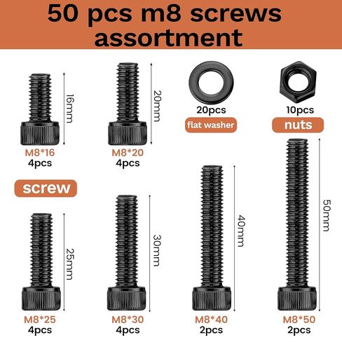 50 Pcs M8 Bolts Kit M8x 16/20/25/30/40/50 mm M8 Screw Kits | 12.9 Alloy Steel Black Zinc Plated, Hex Socket Head, Corrosion resistant fastening for marine, machinery and DIY assembly in Kuwait