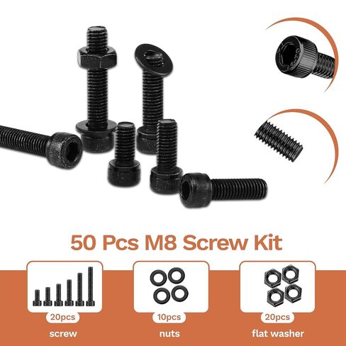 50 Pcs M8 Bolts Kit M8x 16/20/25/30/40/50 mm M8 Screw Kits | 12.9 Alloy Steel Black Zinc Plated, Hex Socket Head, Corrosion resistant fastening for marine, machinery and DIY assembly in Kuwait
