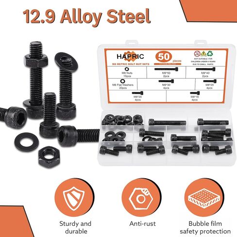 50 Pcs M8 Bolts Kit M8x 16/20/25/30/40/50 mm M8 Screw Kits | 12.9 Alloy Steel Black Zinc Plated, Hex Socket Head, Corrosion resistant fastening for marine, machinery and DIY assembly in Kuwait