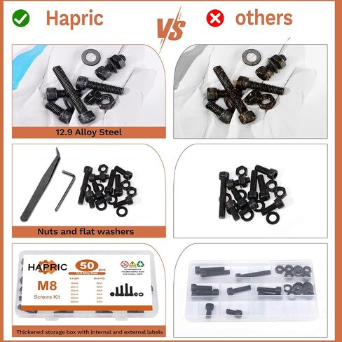 50 Pcs M8 Bolts Kit M8x 16/20/25/30/40/50 mm M8 Screw Kits | 12.9 Alloy Steel Black Zinc Plated, Hex Socket Head, Corrosion resistant fastening for marine, machinery and DIY assembly in Kuwait