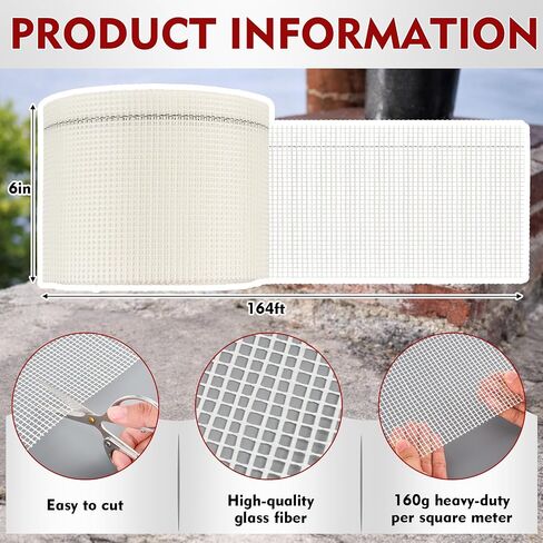 6 in x 164 ft Fiberglass Reinforcement Mesh Roll for Chimney Flashing Repair, Roof Enhanced Fabric Mesh Roll, Leak Repair for Chimneys, Roof Seams, Vents Flashing, Wall Crack in Kuwait