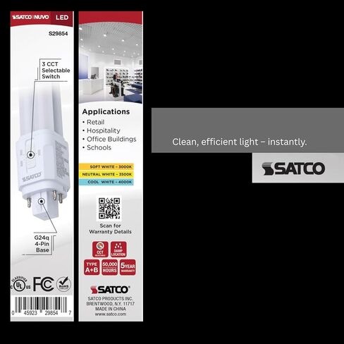 Satco Dimmable LED PL Lamp CCT Select 9.5W G24q 4-Pin Base Type A/B 120-277V S29854 (24 Pack) in Kuwait