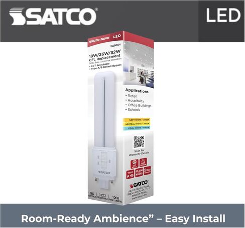 Satco LED PL Lamp 9.5W Replaces 18W/26W/32W CFL 3000K/3500K/4000K CCT Selectable G24q 4-Pin Base Type A/B Dual Mode 120-277V Dimmable Part S29854 (12 Pack) in Kuwait