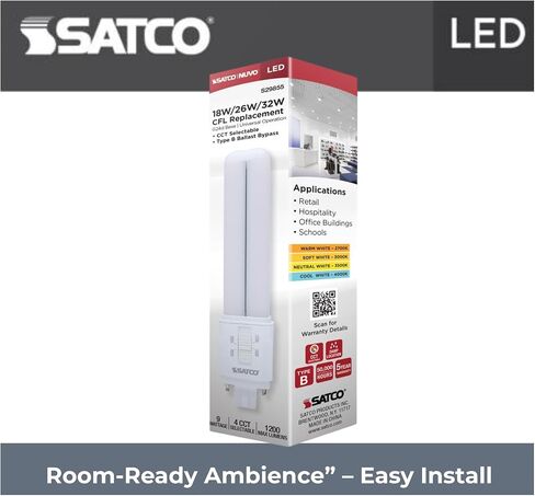 مصباح Satco LED PL 9W يستبدل 18W/26W/32W CFL 2700K/3000K/3500K/4000K CCT قابل للتحديد G24d 2-Pin Base Ballast Bypass Type B 120-277V الجزء S29855 غير قابل للتعتيم (6 عبوات) in Kuwait