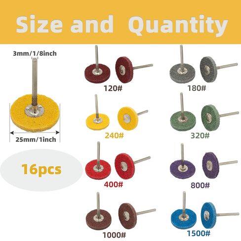 16Pcs Color Coded Nylon Polishing Wheel Kit, 1/8" Shank Abrasive Buffing Wheels for Dremel Rotary Tool, Assorted Grit Scouring Pad Buffing Kit for Jewelry, Metal, Watch, Chrome Polishing & Deburring in Kuwait