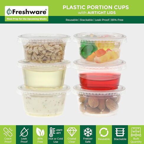 Freshware Plastic Portion Cups with Lids [3.25 Ounce, 100 Sets] Disposable Plastic Cups for Meal Prep, Salad Dressing, Jellos Shot Cup, Condiment and Dipping Sauce Cup in Kuwait