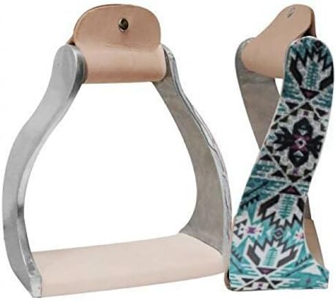 Showman Lightweight Twisted Angled Aluminum Stirrups w/Shimmering Teal Aztec Print in Kuwait