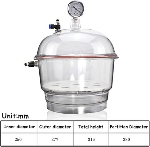 Vacuum Desiccator, 250mm Acrylic Clear Vacuum Chamber, Small Lab Desiccator, Double Valves Glassware, Pressure Gauge, Polycarbonate Plastic Sealed Jar for Laboratory Dryer in Kuwait