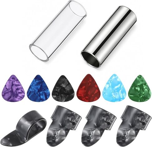 Guitar Slides, 2 Pcs Guitar Slide Ring 1 Steel Slide and 1 Glass Slides with 6Pcs Finger Picks and 4Pcs Guitar-Picks for Electric and Acoustic in Kuwait