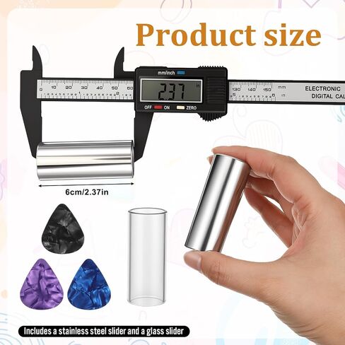 Guitar Slides, 2 Pcs Guitar Slide Ring 1 Steel Slide and 1 Glass Slides with 6Pcs Finger Picks and 4Pcs Guitar-Picks for Electric and Acoustic in Kuwait