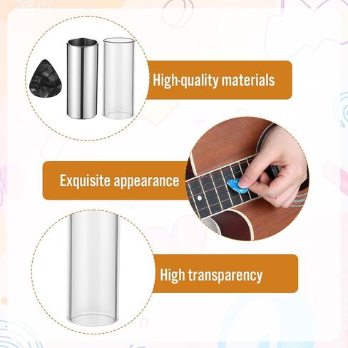 Guitar Slides, 2 Pcs Guitar Slide Ring 1 Steel Slide and 1 Glass Slides with 6Pcs Finger Picks and 4Pcs Guitar-Picks for Electric and Acoustic in Kuwait