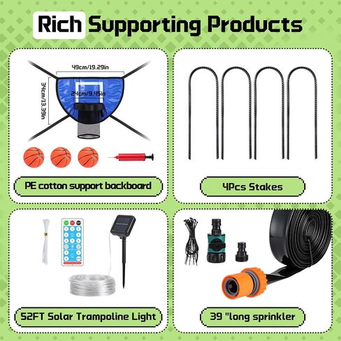 Trampoline Accessories Kit, Basketball Hoop with 3 Mini Basketballs, 4 Pcs Heavy Duty U Stakes, 52FT Solar Lights with Outdoor 8 Lighting Modes, Trampoline Accessories Kit with Sprinkler & Shoe Bag in Kuwait