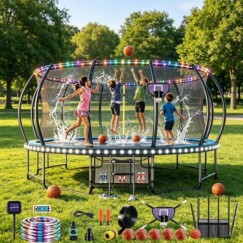 Trampoline Accessories Kit for Kids - 4-in-1 Summer Fun (Basketball Hoop + 72FT Solar Colored Lights + Water Sprinkler+ 3 Grid Shoe Bags)-Fits 8-16ft Trampolines in Saudi Arabia